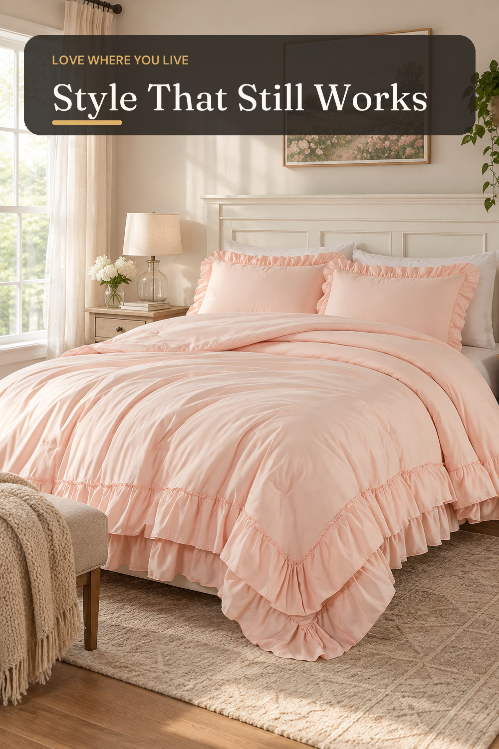 Cupocupa Blush Pink Comforter Set Queen, 3Pcs Comforters Queen Size Ruffle Farmhouse Bedding Sets Queen with Comforter, Lightweight Soft Shabby Chic Bedding Comforter Set Fluffy for All Season; AI-generated styling illustration