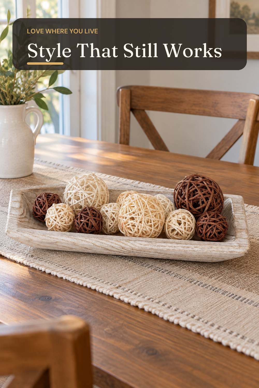 Hanobe Solid Wooden Decorative Bowl for Coffee Table Entryway Decor, White; AI-generated styling illustration