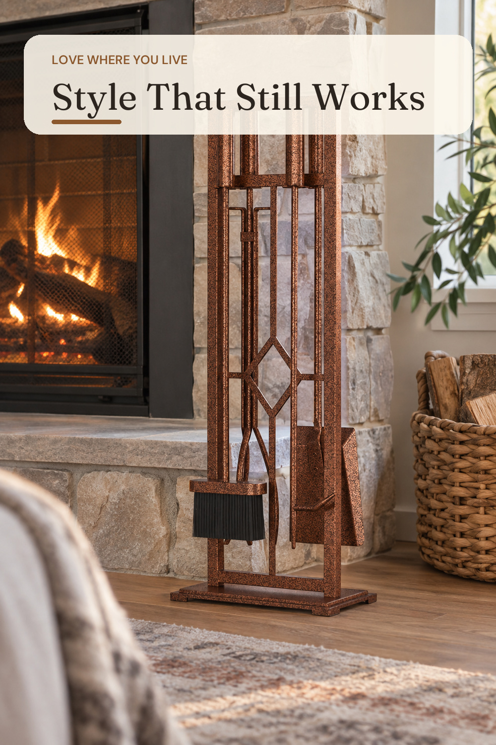 Fire Beauty Wrought Iron 5-Piece Fireplace Tools Bronze(Antique Bronze); AI-generated styling illustration