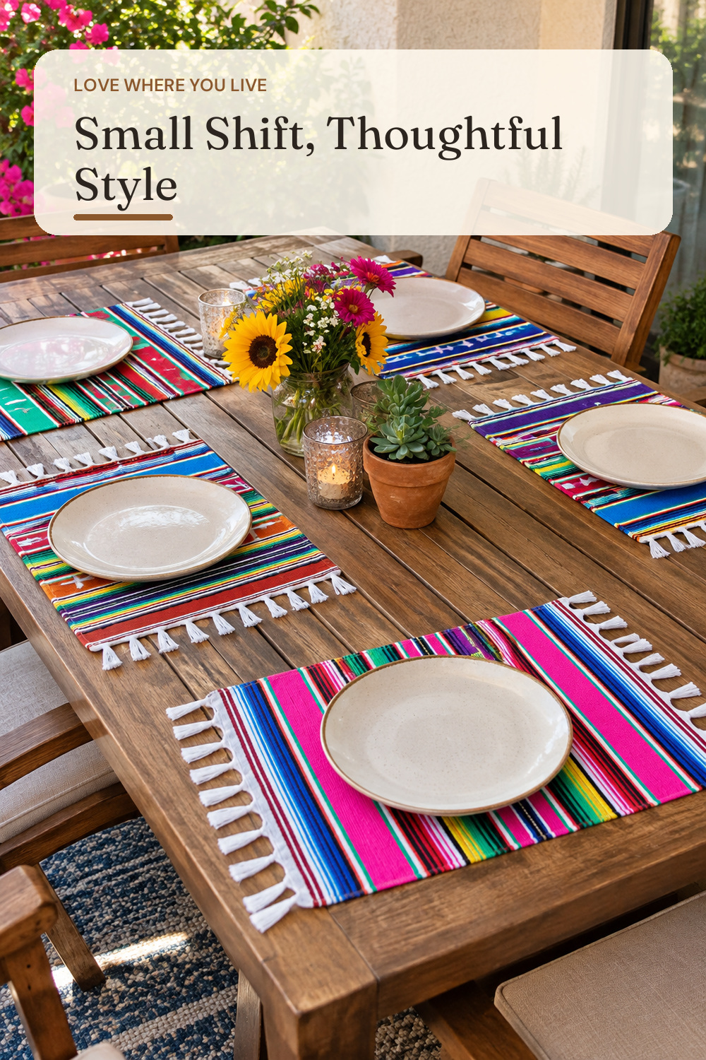 Mexican Serape Placemats for Mexican Party Wedding Decor Outdoor Dining Kitchen Table Set of 6, 13 x 19 Inch Fringe Cotton Handwoven Table Place Mat (Multi-Color); AI-generated styling illustration