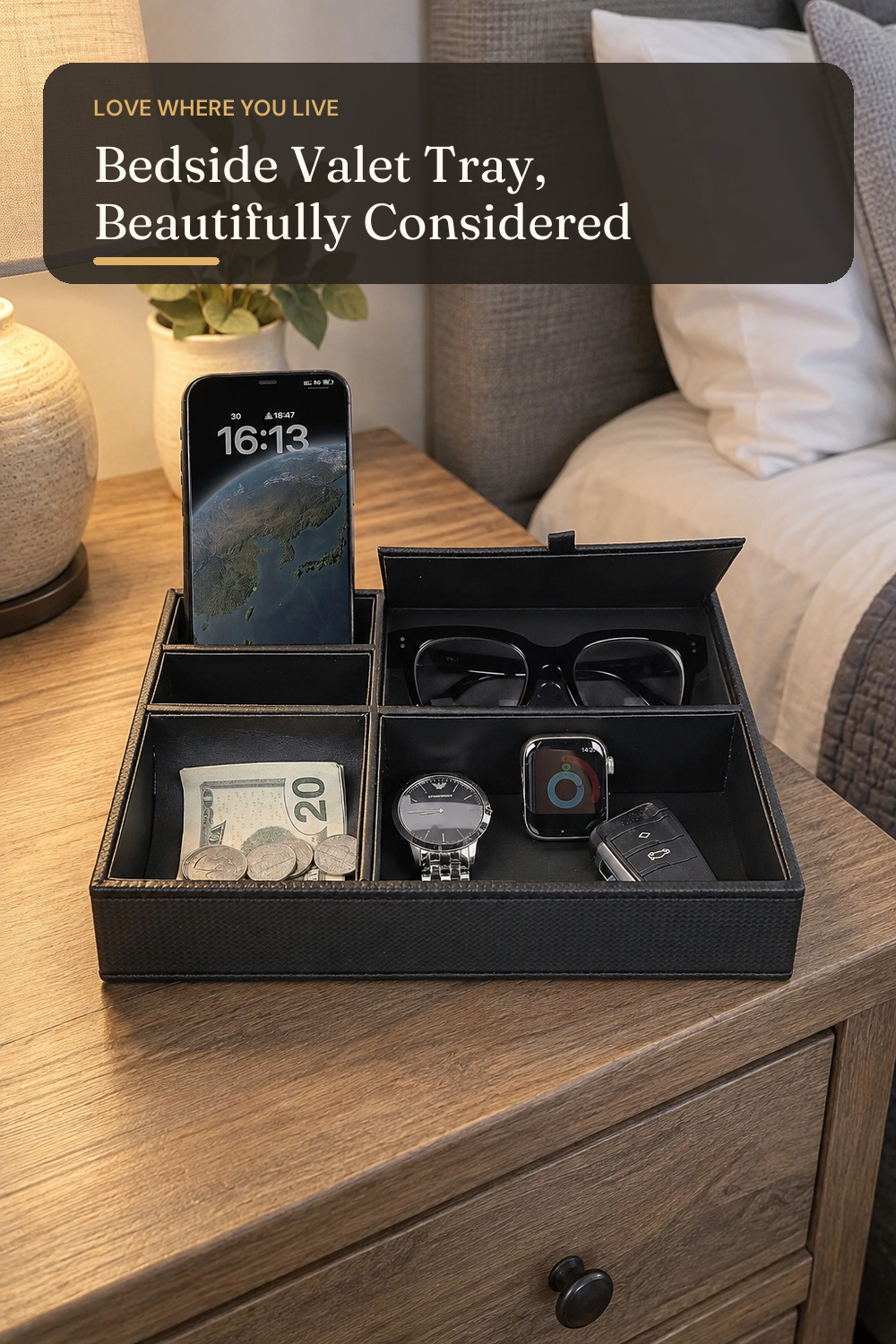Zcaukya Men's Valet Tray, 5 Compartments, Black; AI-generated styling illustration