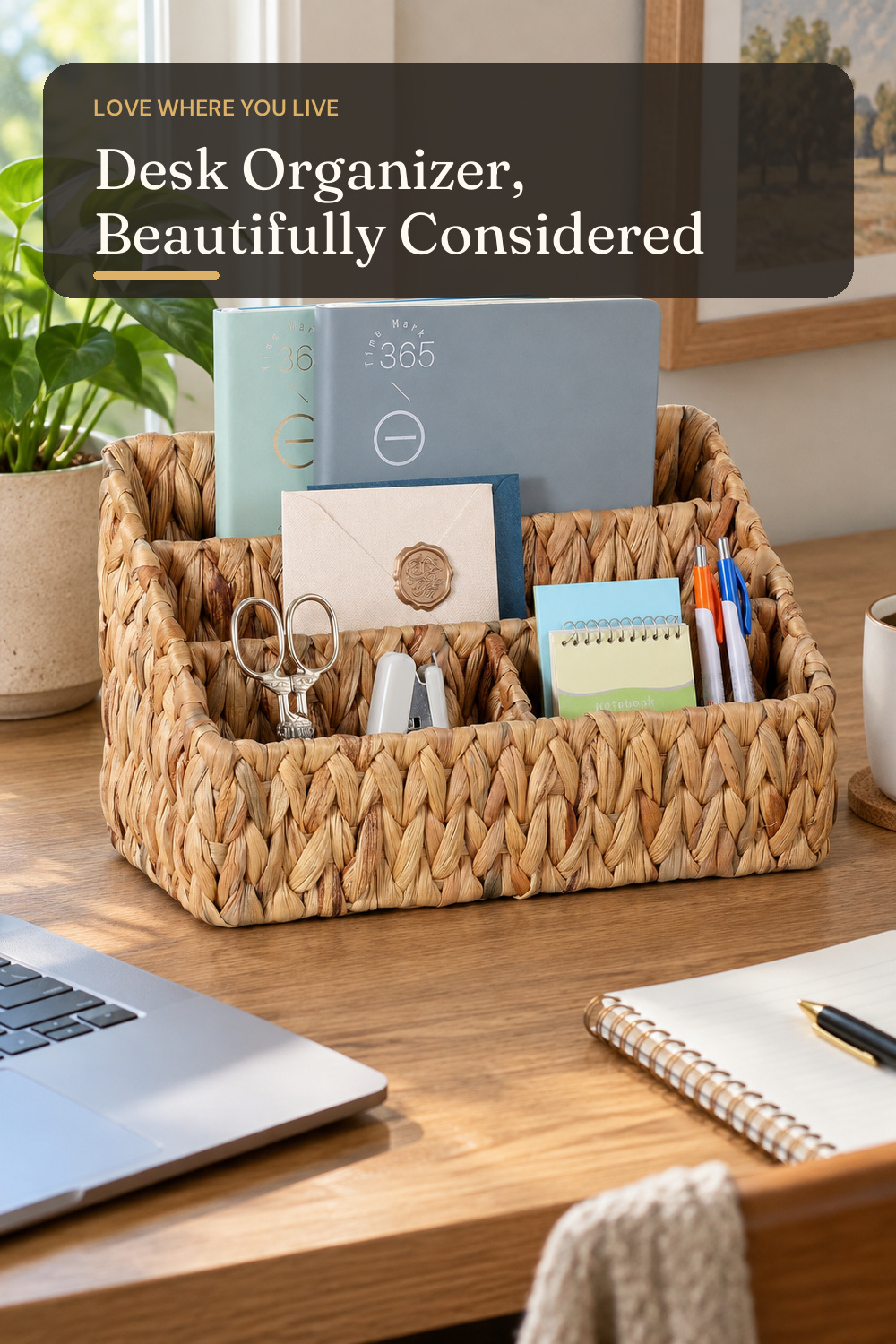 DINGTAI Natural Farmhouse Desk Organizers and Storage, Large Countertop Mail Holder, Tabletop Organizer (Water Hyacinth); AI-generated styling illustration