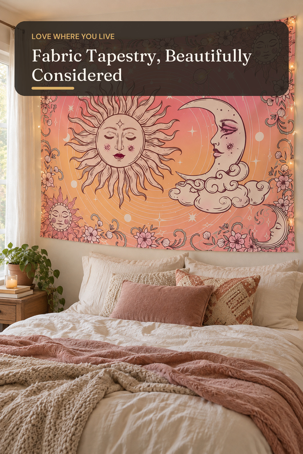KJHL Pink Orange Sun and Moon Tapestry Wall Hanging for Bedroom 60ʺ x 44ʺ; AI-generated styling illustration