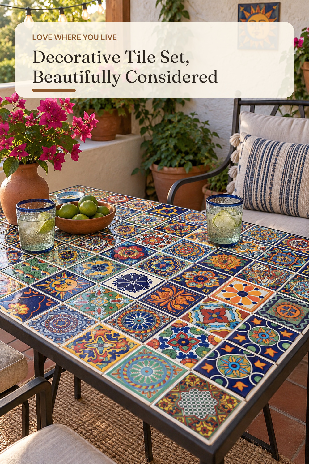 Handmade Mexican Tile Set 100 Pieces — 4x4 Decorative Talavera Tiles — 50 Unique Hand-Painted Designs — Mexican Folk Art Wall Tiles; AI-generated styling illustration