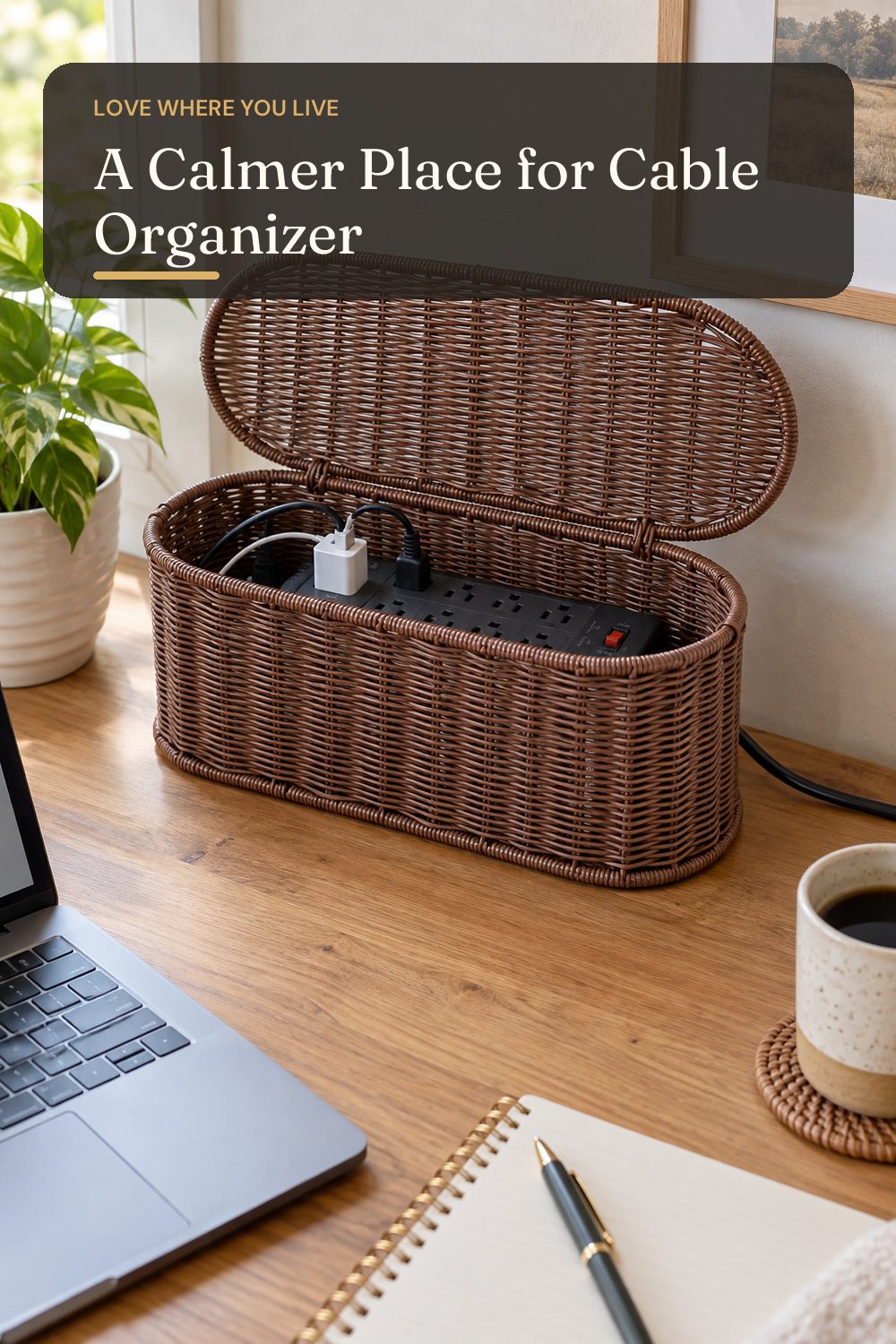 Cable Management Box, Handmade Rattan Cord Organizer for Power Strip; AI-generated styling illustration