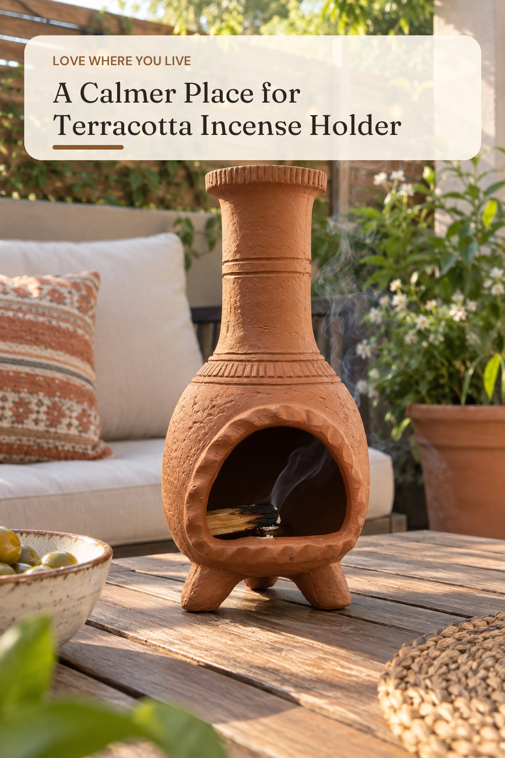 Mexican Style Terracotta Palo Santo Holder,Handmade Chiminea Incense Dish; AI-generated styling illustration