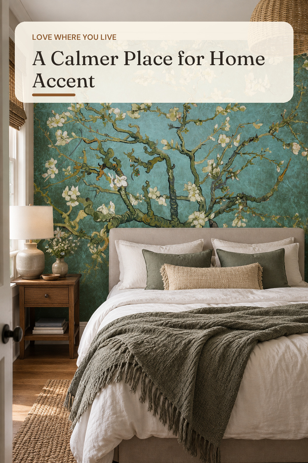 wall26 - Copper inchAlmond Blossom inch by Vincent Van Gogh 100 inchx144 inch Aqua W/Teal Vignette inchAlmond Blossom; AI-generated styling illustration