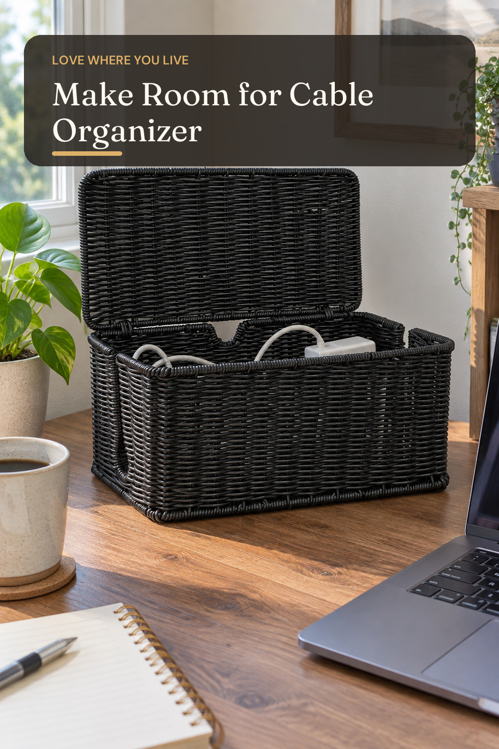 ZhiYo Rattan Cable Management Box, Black Cord Organizer, 12.5" x 5" x 5.2"; AI-generated styling illustration