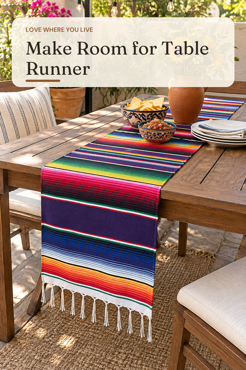 Mexican Table Runner 2 Pack - Serape Zarape Fiesta Tablecloth 14"x108" for Cinco de Mayo Party Decorations - Hand Woven Cotton Fringe - Outdoor Wedding & Taco Tuesday Décor; AI-generated styling illustration