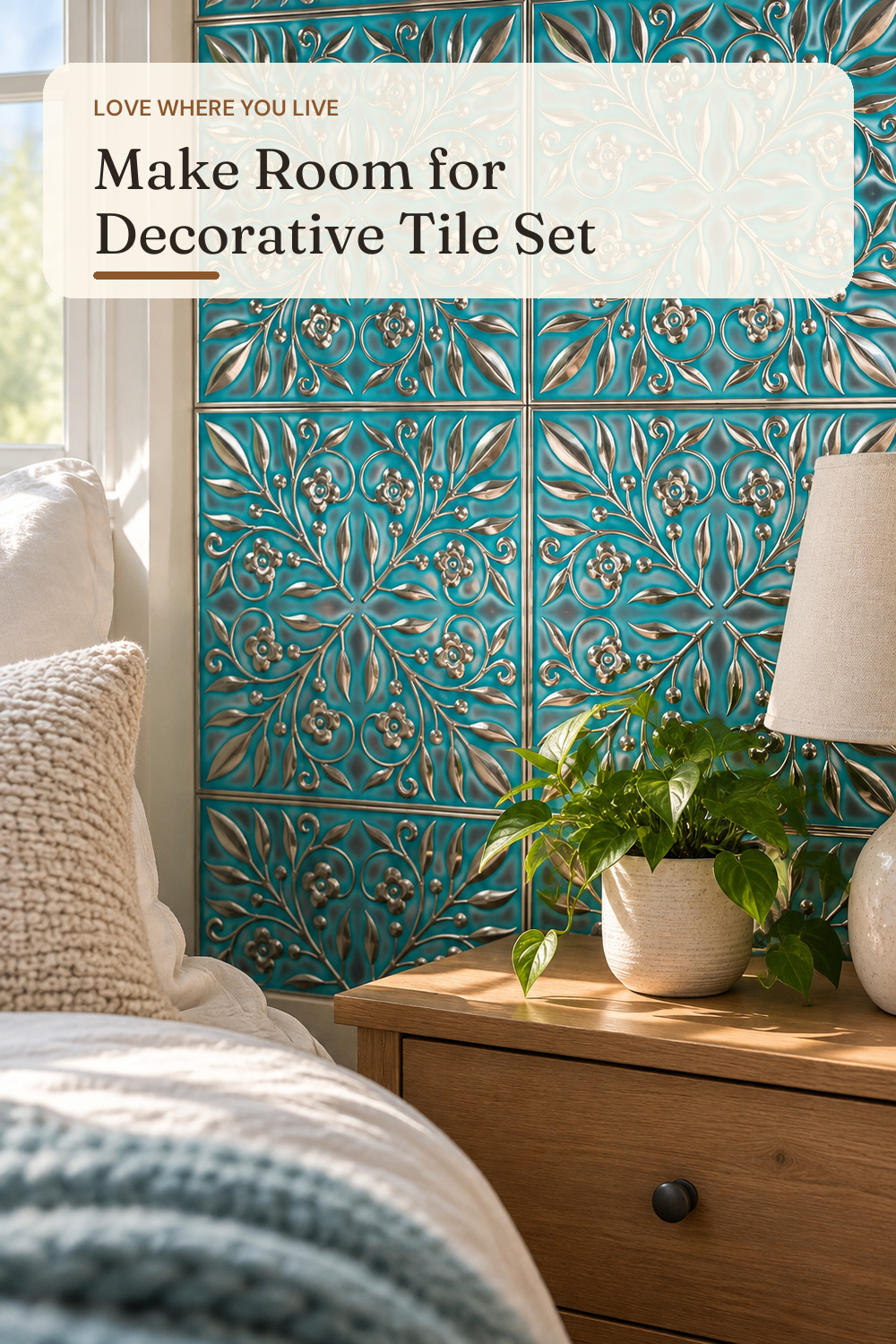 Peel and Stick Metal Tiles, Teal & Silver Leaves, 10-Pack; AI-generated styling illustration