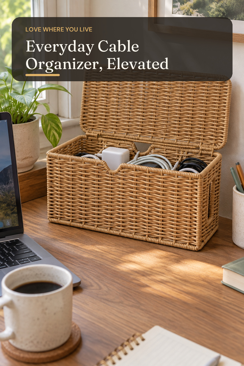 ZhiYo Rattan Cable Management Box, Brown Cord Organizer, 13.5" x 6.2" x 6"; AI-generated styling illustration