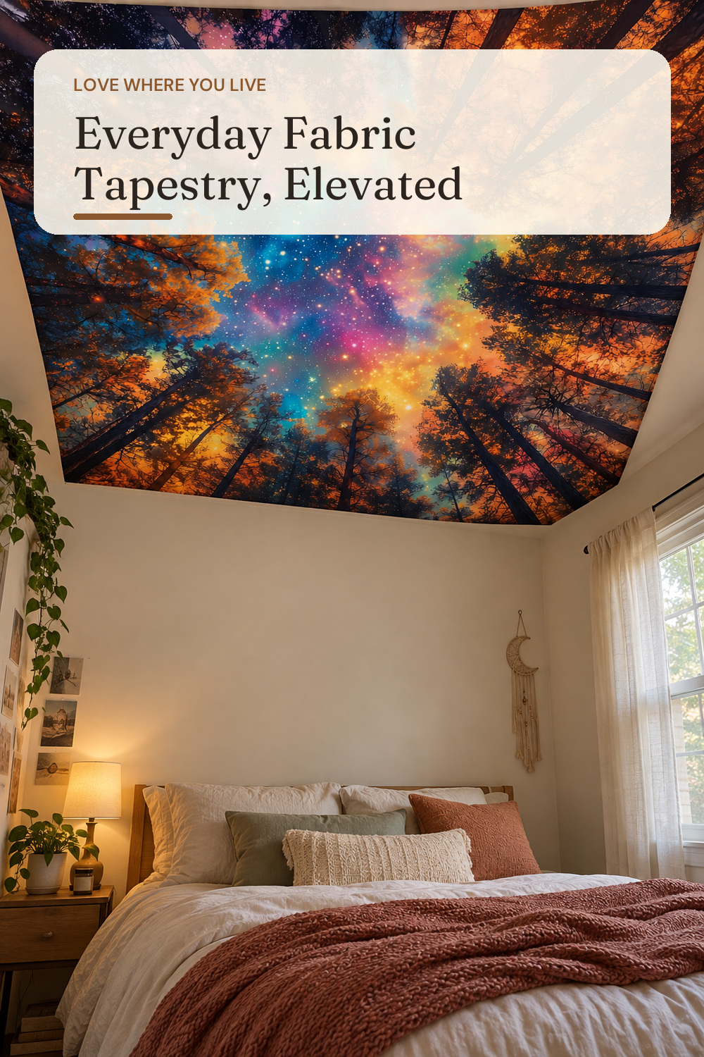 Avinyl Space Ceiling Tapestry for Bedroom, Starry Night Sky Poster Backdrop Forest Tapestries, Stars Aesthetic Decorations Wall Hanging for Dorm Living Room 51" x 60"; AI-generated styling illustration