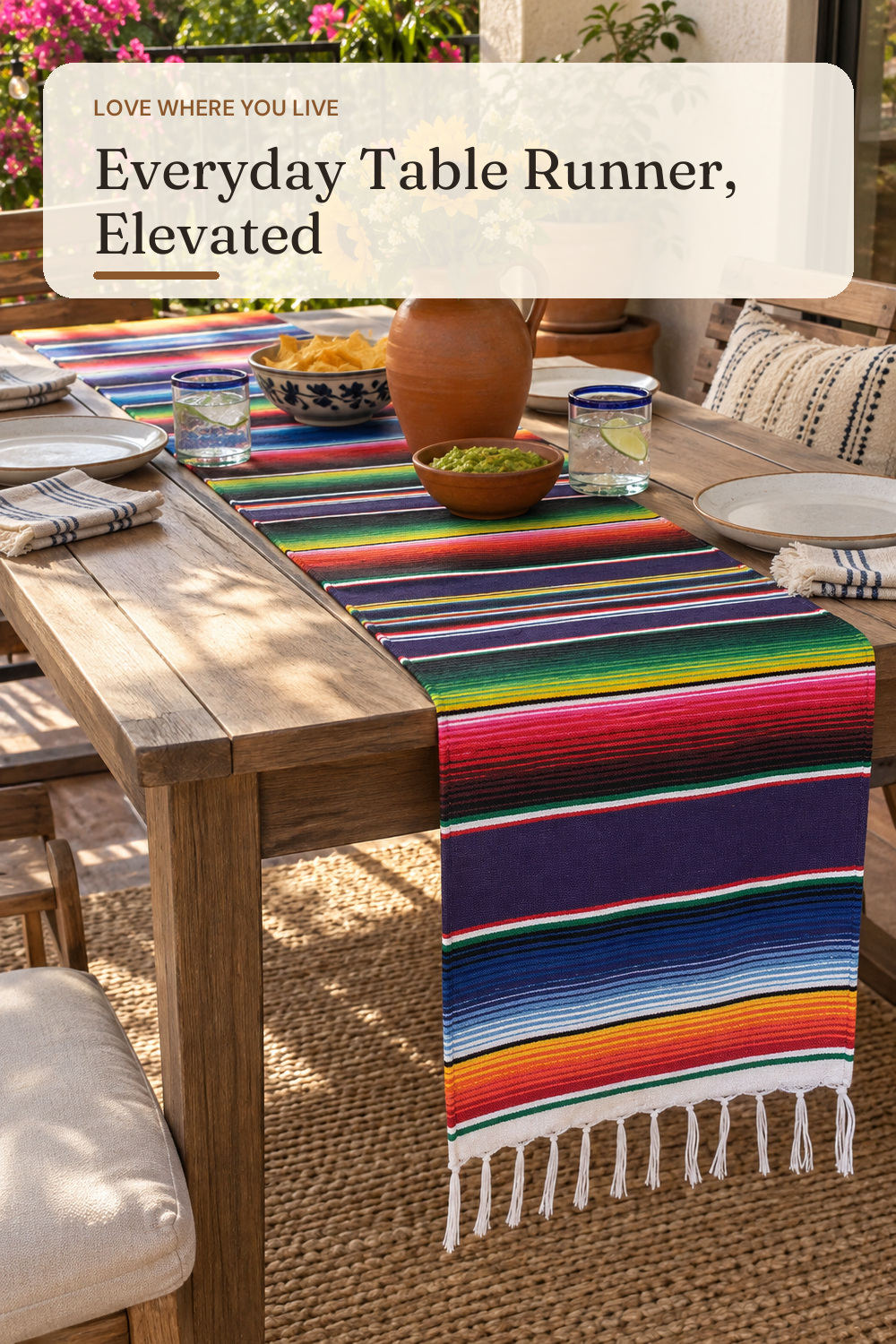 Mexican Table Runner 8 Pack - Serape Zarape Fiesta Tablecloth 14"x108" for Cinco de Mayo Party Decorations - Hand Woven Cotton Fringe - Outdoor Wedding & Taco Tuesday Décor; AI-generated styling illustration