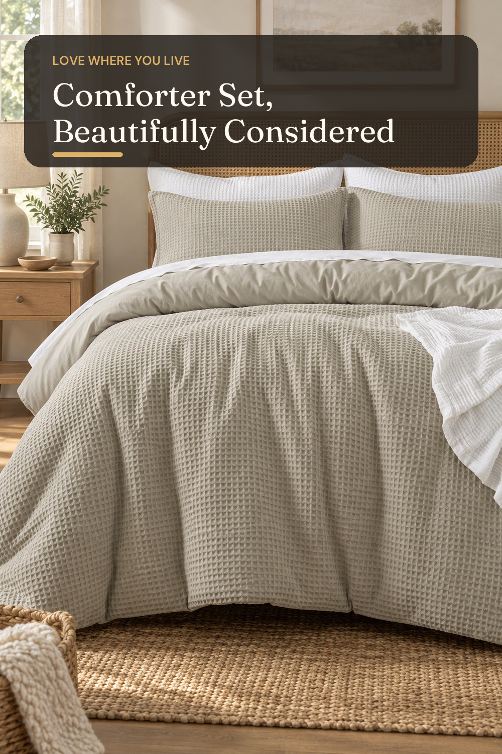 David's Home Textured Summer Waffle Weave Comforter Set, Queen, Taupe; AI-generated styling illustration