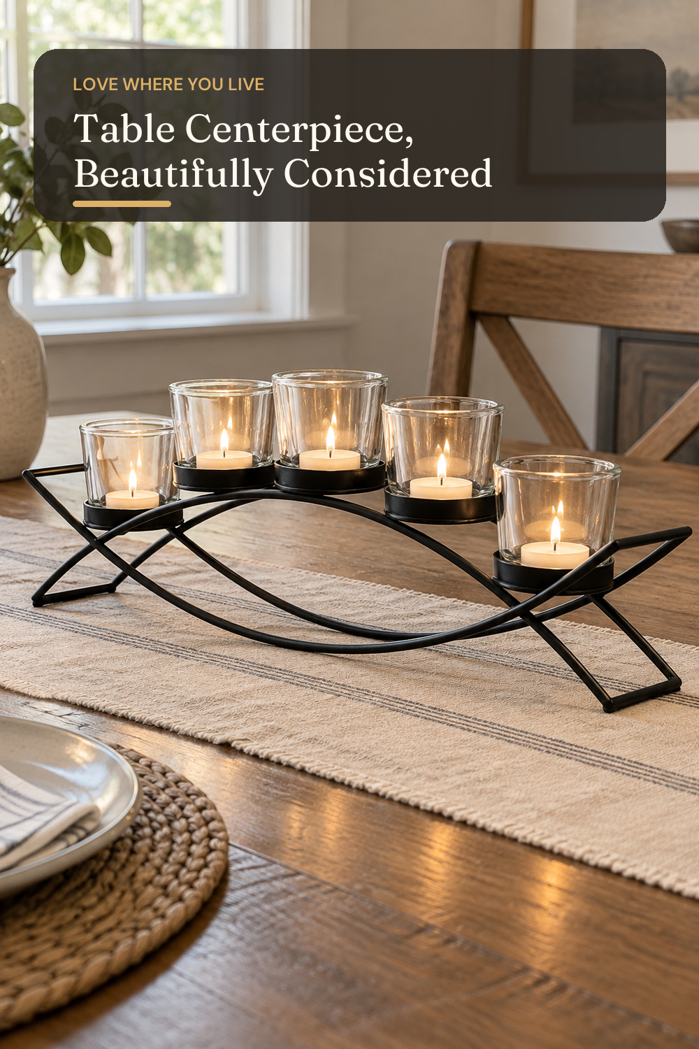 Seraphic Dining Table Centerpiece Decor, Tealight Candle Holder, Clear; AI-generated styling illustration