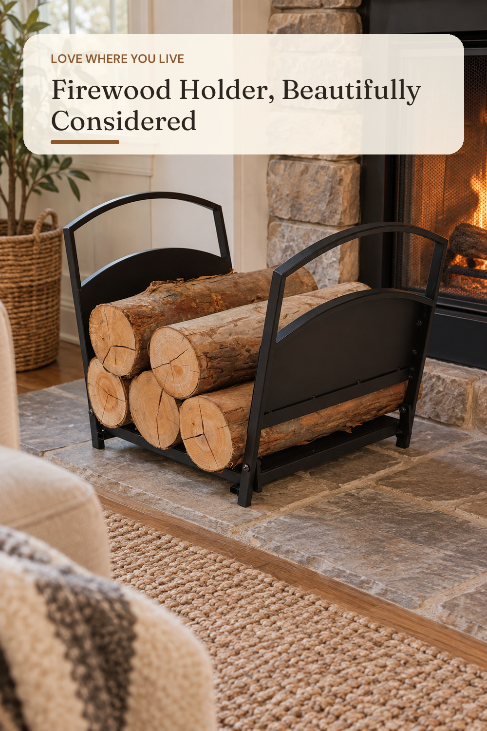 Fire Beauty Fireplace Log Holder Folding Firewood Rack,Stacking Rack,Storage Rack for Firewood, Indoor, Outdoor,Heavy Duty Steel; AI-generated styling illustration