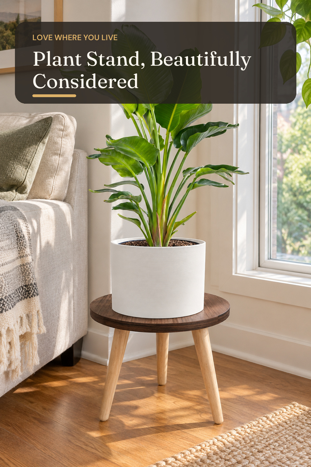 10IN Tall Plant Stand Holder Wood Plant Table for Indoor Planters; AI-generated styling illustration