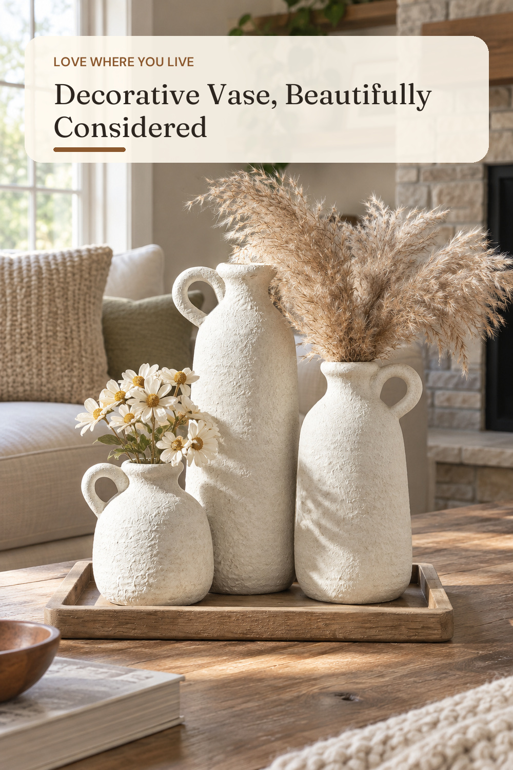 Ceramic Vase Set of 3 with Handle, Neutral Rustic Vases Home Decor Farmhouse Decorative Vase Whitewashed Pottery Decor Modern for Table Mantel Entryway Bookshelf Living Room Kitchen Bedroom - White; AI-generated styling illustration