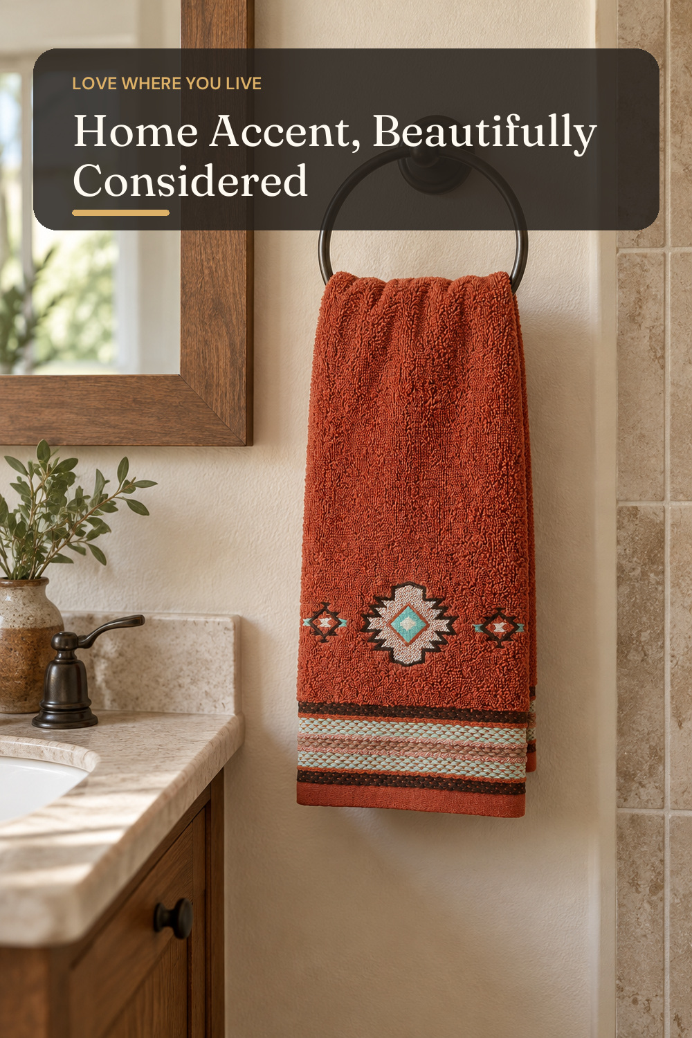 SKL Home Southwest Sunset Hand Towel, 100% Cotton, Embroidered, Rust; AI-generated styling illustration