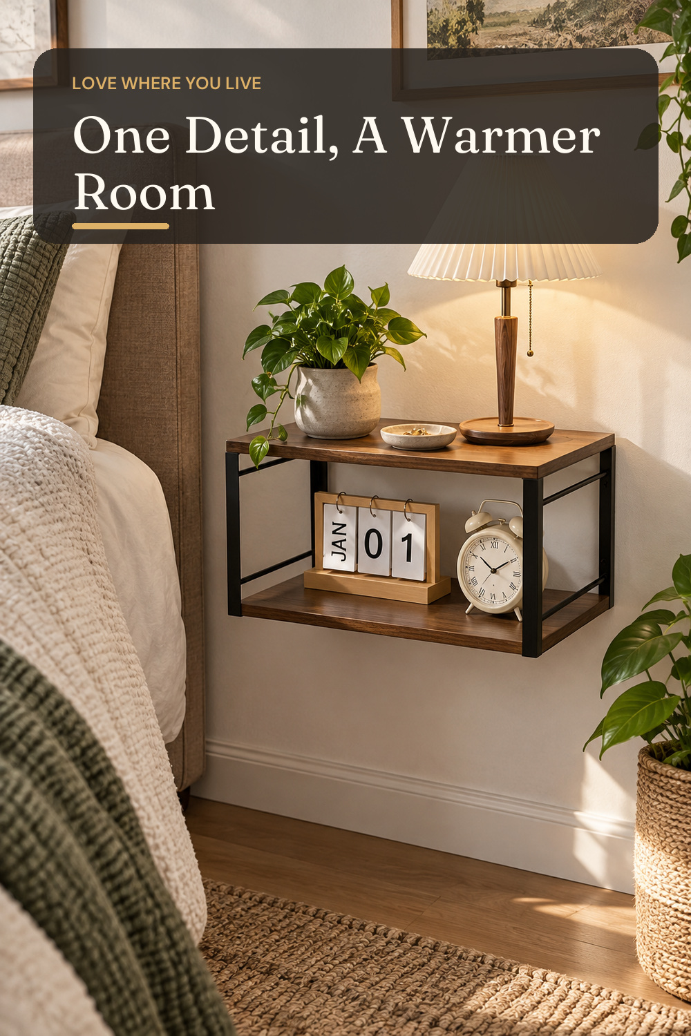 Floating Nightstand, Wood Bedside Shelf Wall Mounted Nightstand, Floating Bedside Table Wall Shelf for Bedroom, Living Room, Bathroom, Kitchen, Office (Vintage Brown); AI-generated styling illustration