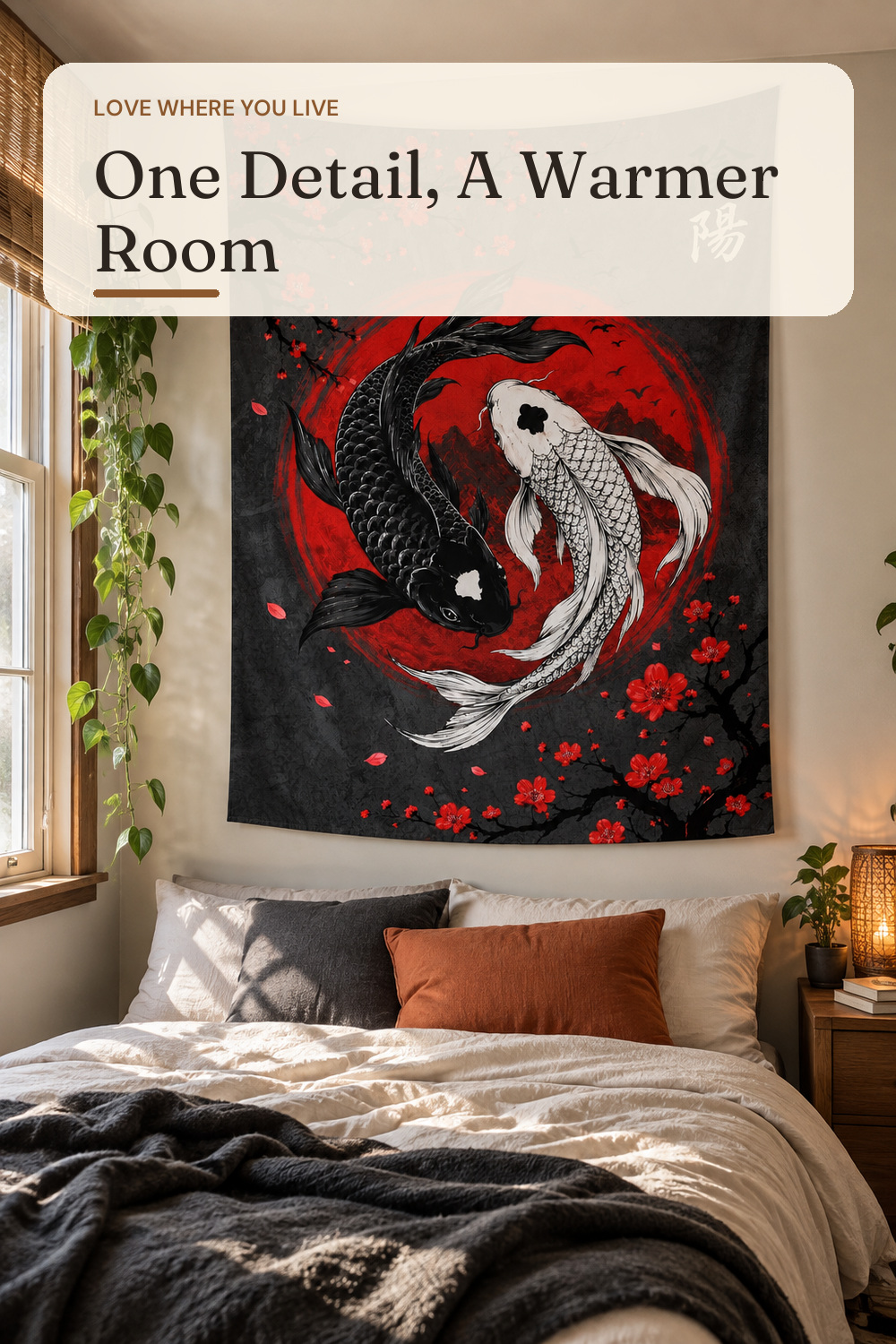 Sanzugh Japanese Yin Yang Koi Fish Tapestry, Cool Red and Black Anime Sakura Art Tapestries Vertical Wall Hanging for Men Bedroom Living Room Office Decor 40X60, Asian Cherry Blossoms Posters; AI-generated styling illustration