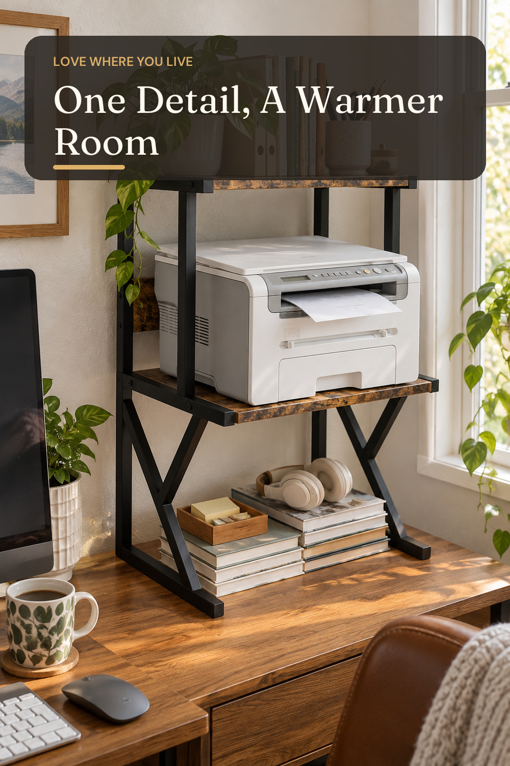 aboxoo Printer Stand for Desk to Save Space, Metal+Wood for Home Office; AI-generated styling illustration