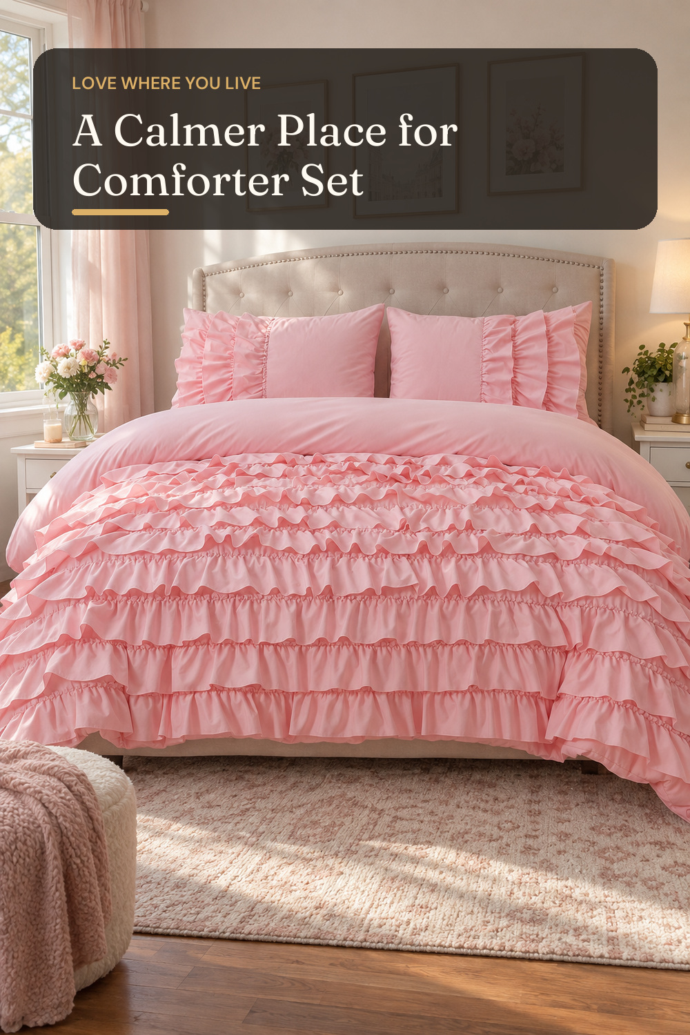 Holawakaka Queen Size Pink Waterfall Ruffle Comforter Set for Girl Women; AI-generated styling illustration