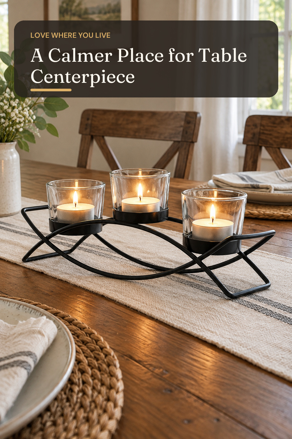 Seraphic Iron Arch Table Centerpiece Decorations Long Candle Holder for Weddings, Patio, Kitchen, Dining Room, and Coffee Tables, Black, Clear Chunky 3 Cups; AI-generated styling illustration