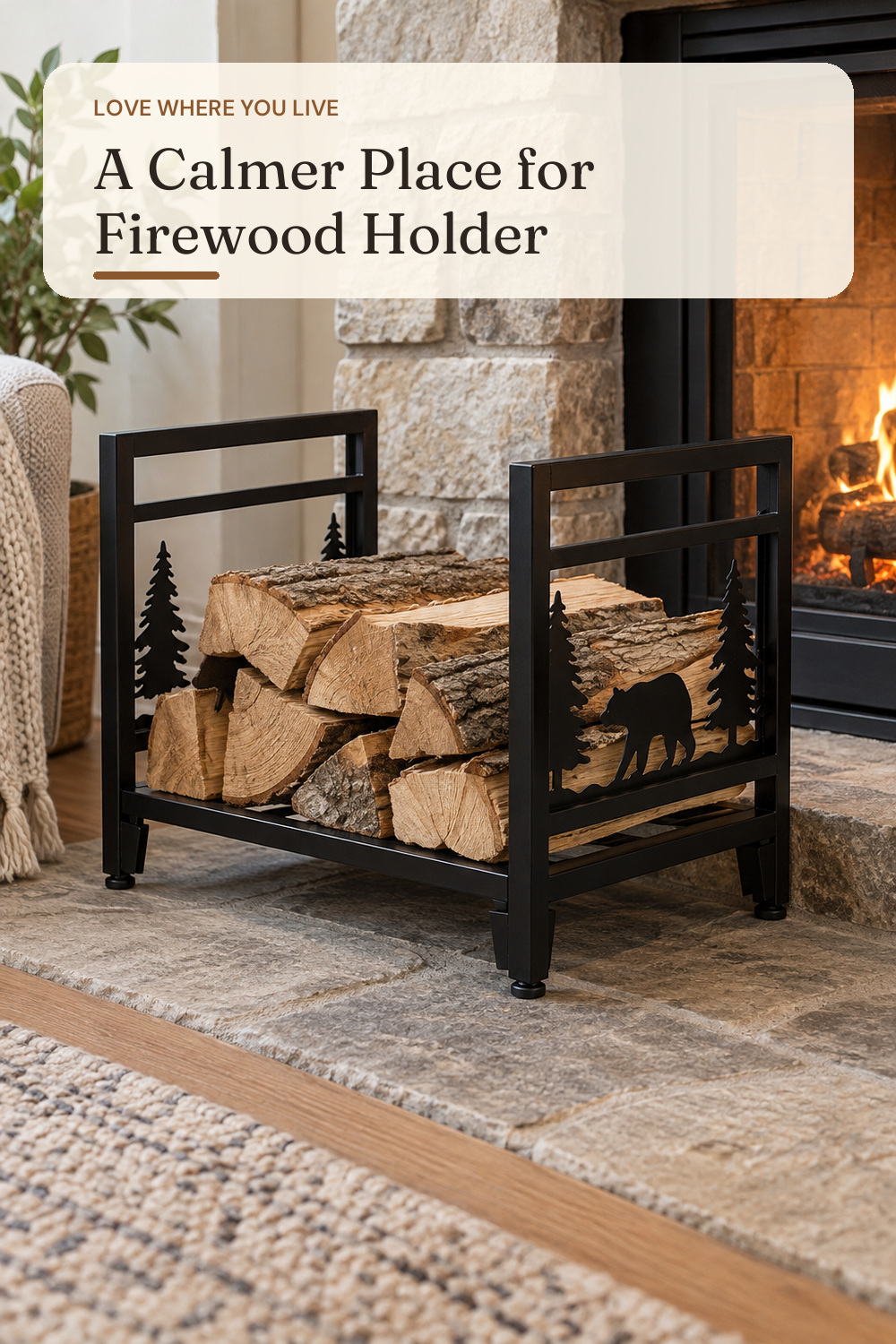 Firewood Rack, Heavy Duty Steel, Black, 19 x 13 x 14.8 in, Perfect for Fireplace, Stove, Fire Pit; AI-generated styling illustration