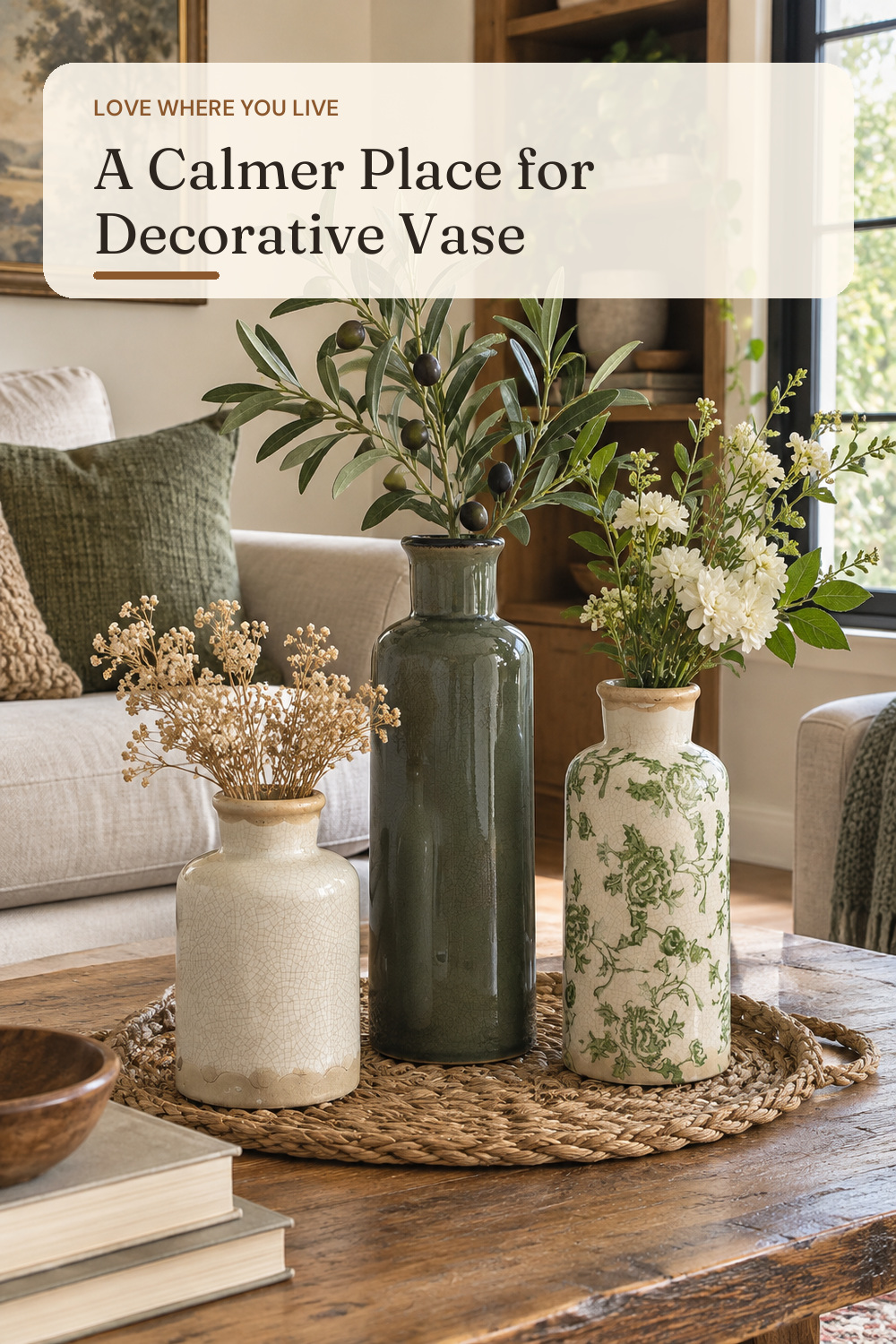 Vintage Vase Set of 3, Ceramic Vintage Flower Vases, Chinoiserie Decorative Home Decor Retro Floral Vase Rustic Farmhouse Decor for Table Bookshelf Mantel Kitchen Living Room Office - Green and Beige; AI-generated styling illustration