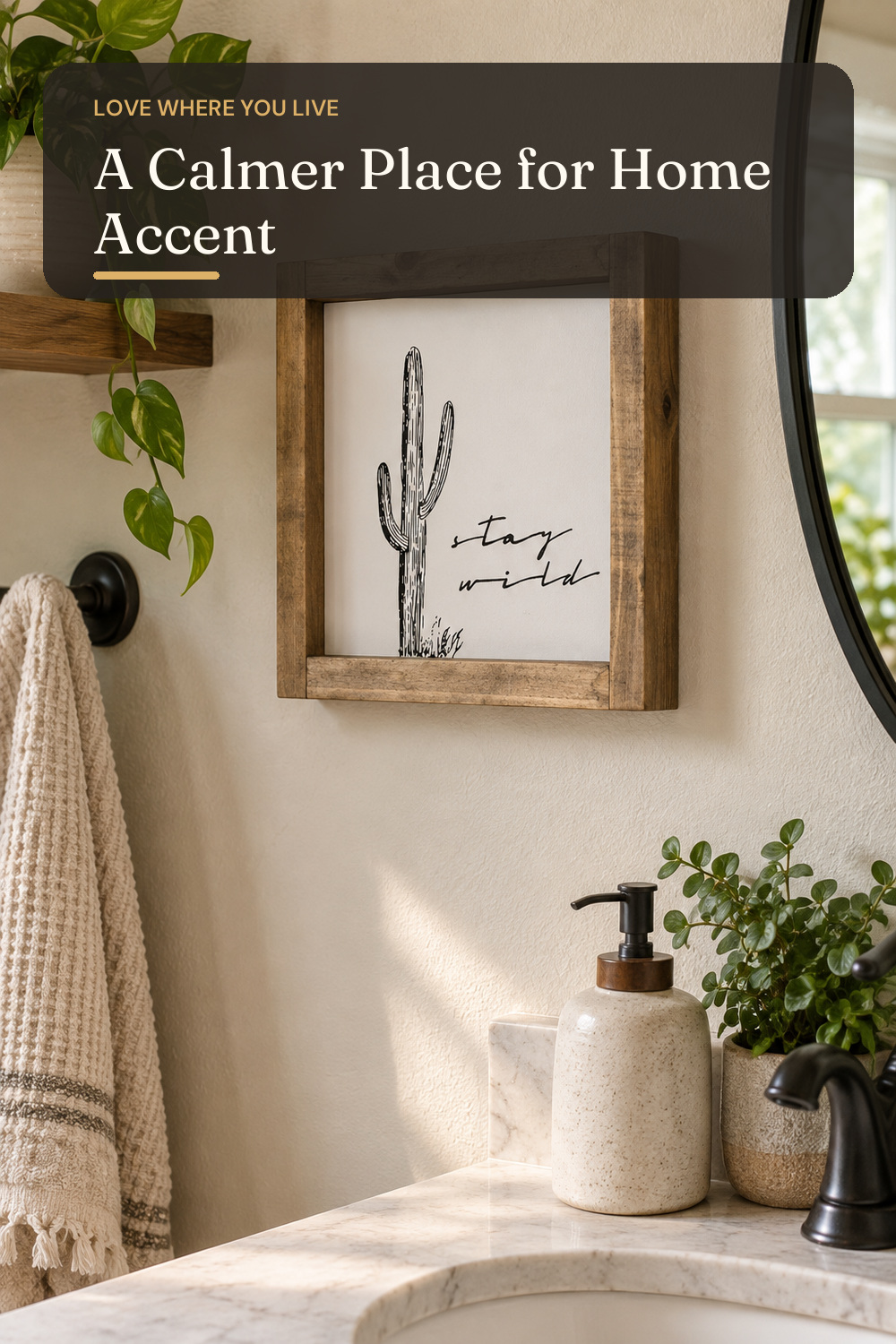 Western Wall Shelf Decor for Bathroom Office, Desert Cactus Sign; AI-generated styling illustration