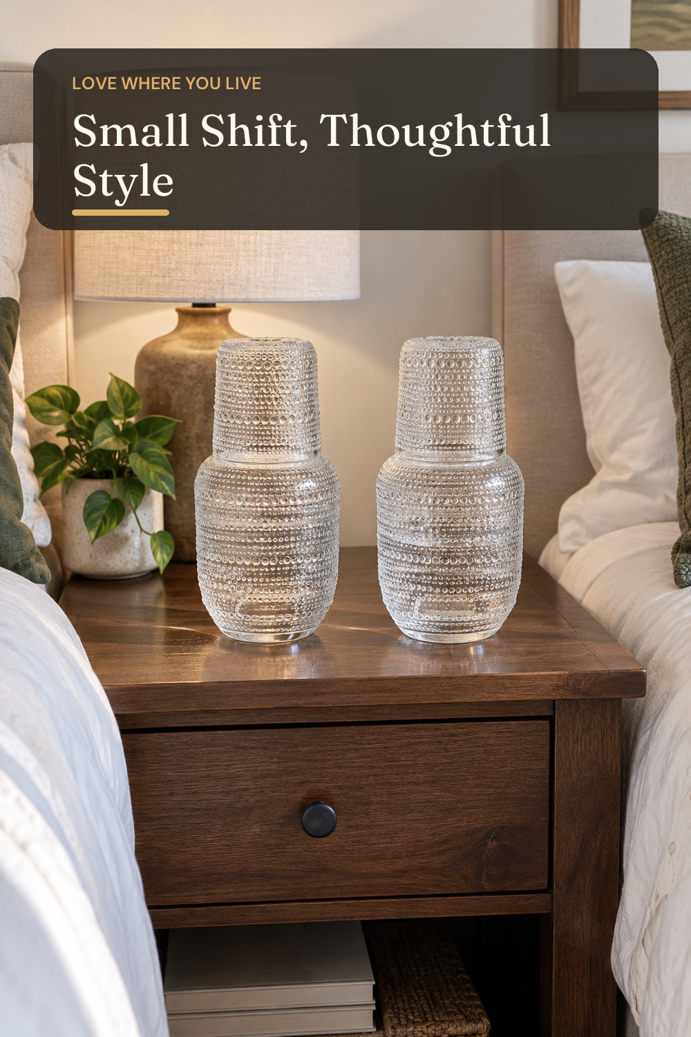 ZOOFOX Set of 2 Vintage Bedside Water Carafe and Glass Set, Clear Embossed Night Water Carafe with Tumbler Glasses, Elegant Pitcher and Matching Drinking Glass, Easy-Access for the Night; AI-generated styling illustration