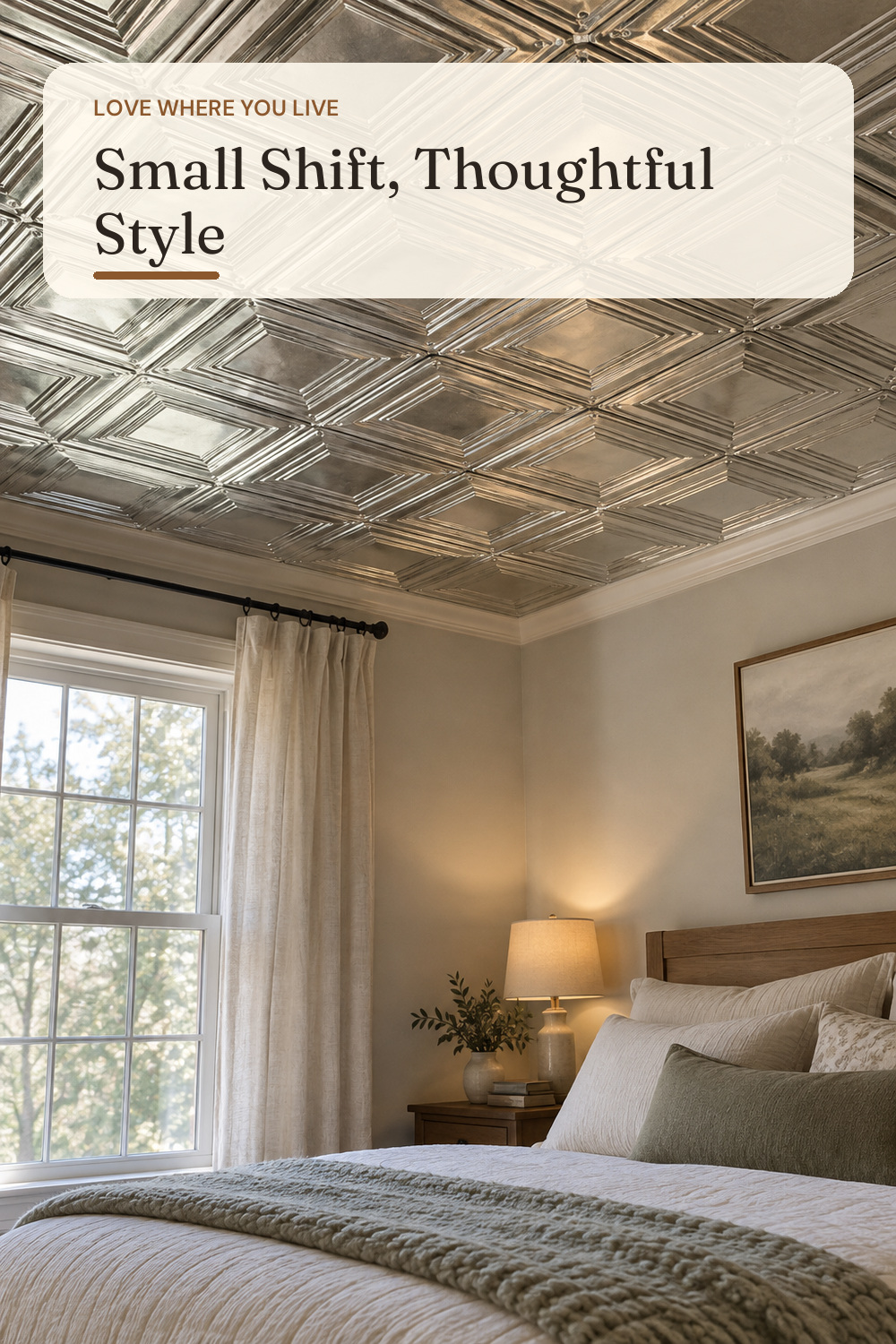 American Tin Ceilings [5 Pack] 24" x 24" 100% Tin Nail-Up Ceiling Tiles | Pattern #1 Square Design with Modern Geometric Beveled Squares, for Ceilings & Walls | n-p01-raw; AI-generated styling illustration