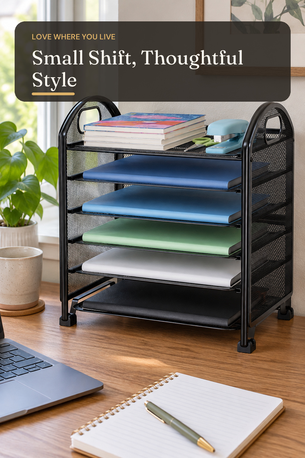 Simple Trending 6-Tier Paper Tray Organizer, File Organizer for Desk, Black; AI-generated styling illustration