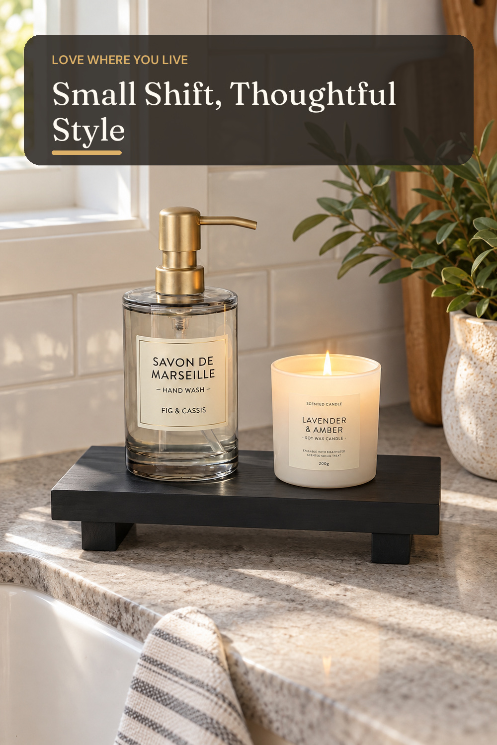 Black Wooden Bathroom Sink Counter Tray Decor Small Pedestal Stand Display; AI-generated styling illustration