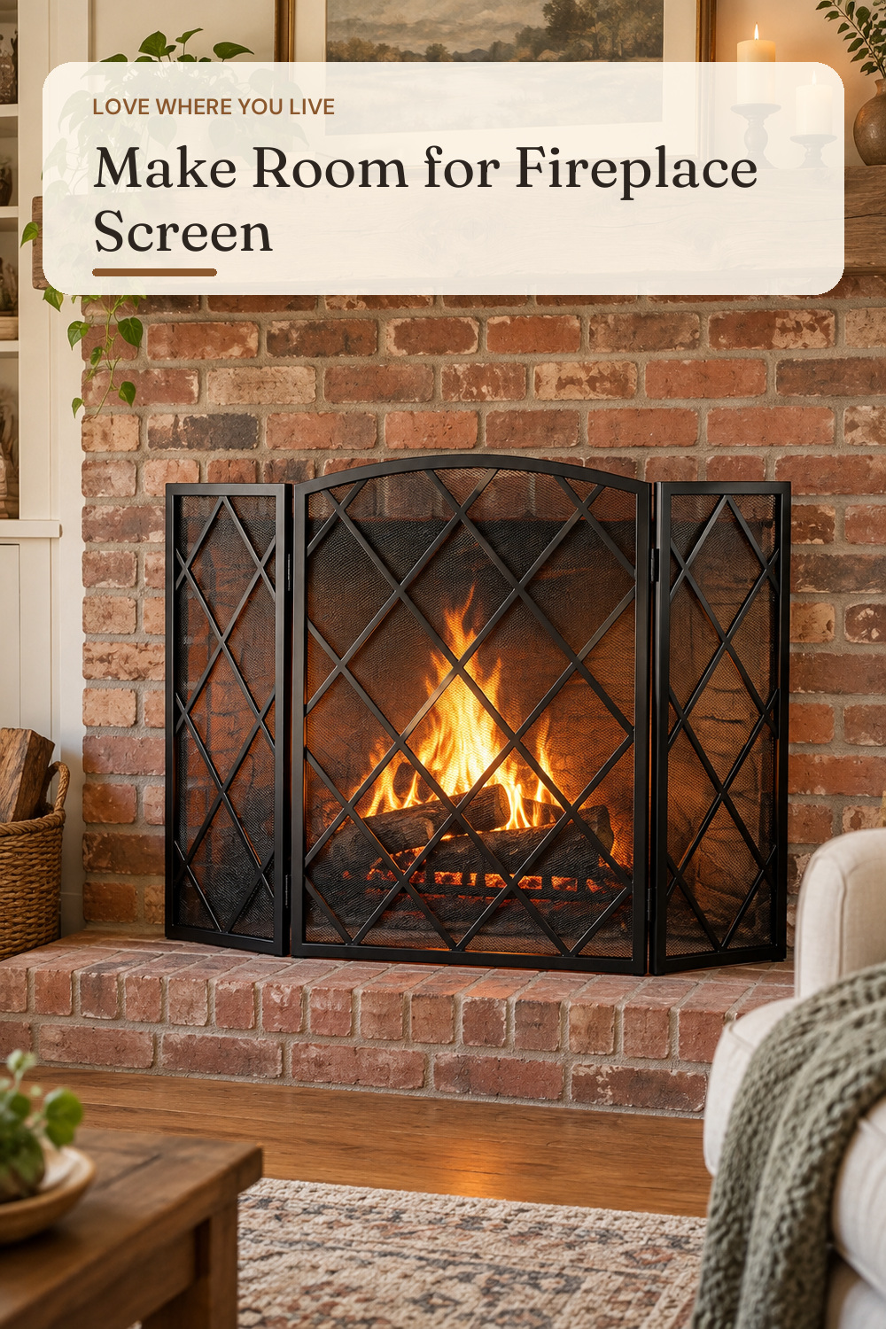 FEED GARDEN 3-Panel Fireplace Screen 48" W x 30" H Wrought Iron Spark Guard; AI-generated styling illustration