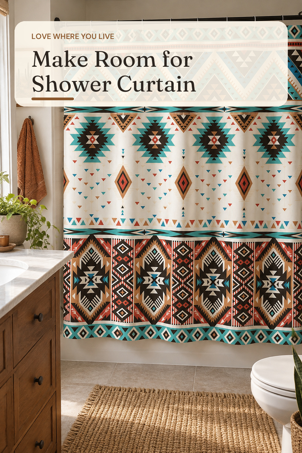 Western Aztec Shower Curtain for Bathroom, Southwestern Native Triba Navajo Pattern Decor Bath Curtains,Triangular Geometric Polyester Cloth Fabric with 12 Hooks, 72x72 Inch; AI-generated styling illustration