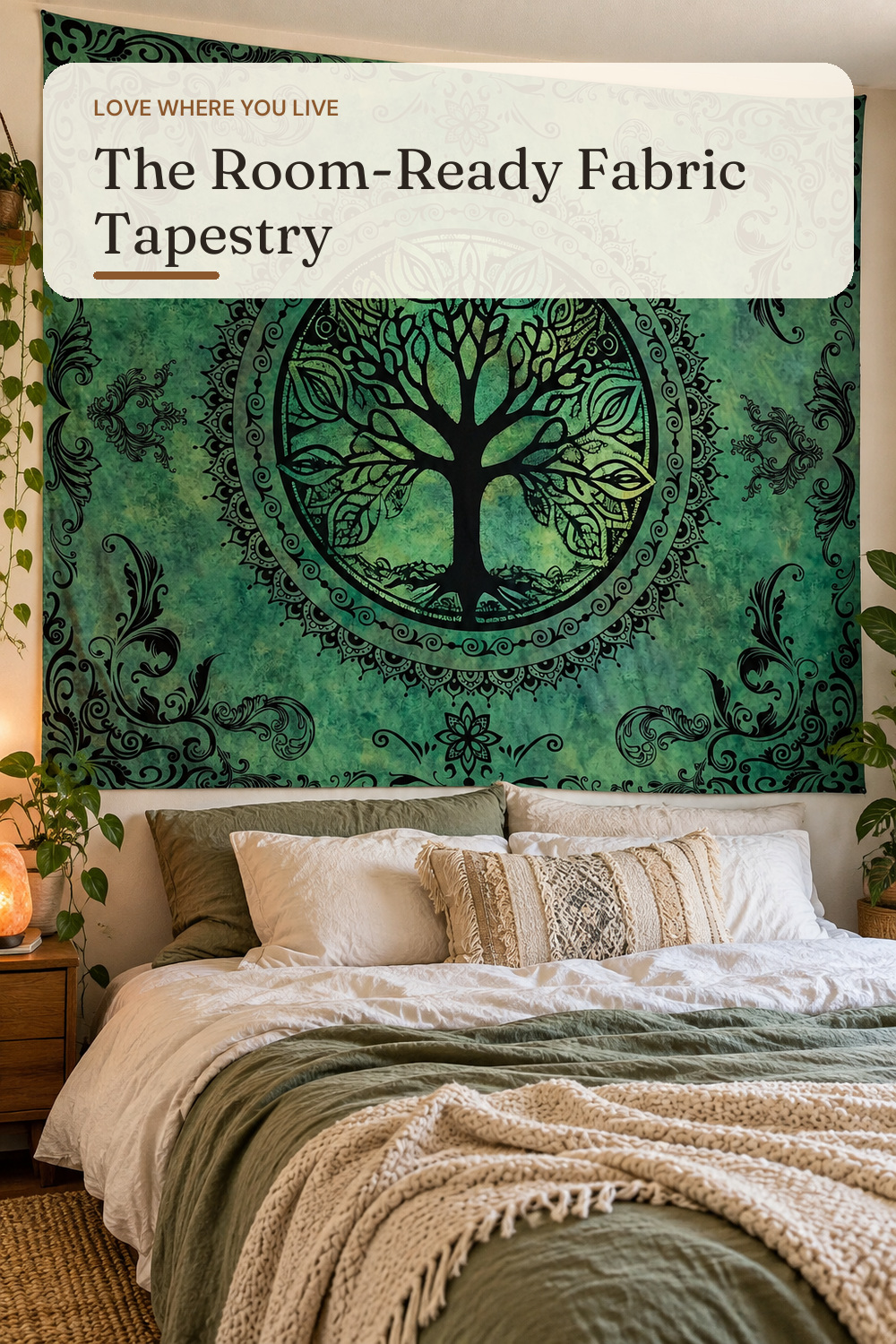 Green Boho Tapestry for Bedroom, Large Hippie Tree of Life Wall Tapestries; AI-generated styling illustration