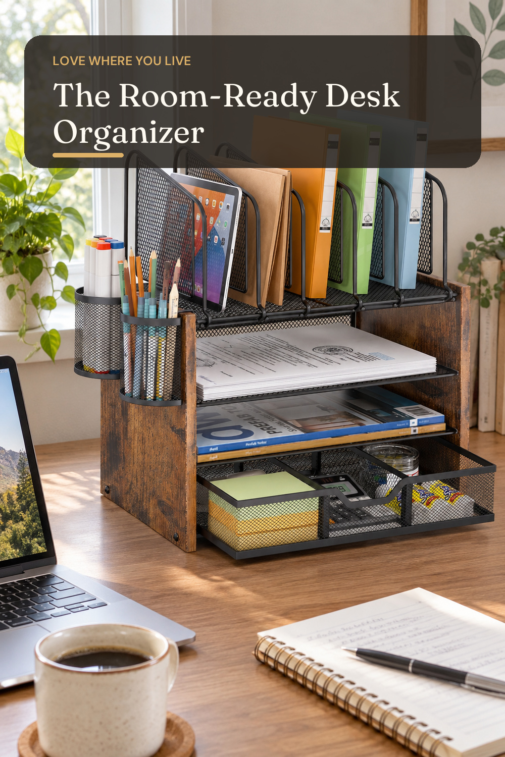 DAOUTIME 4-Tier Mesh Desk Organizer, Wooden Desk File Organizer with 5 Vertical File Holders and 2 Pen Holders, Desktop Organizers and Accessories with Drawer for Home Office; AI-generated styling illustration