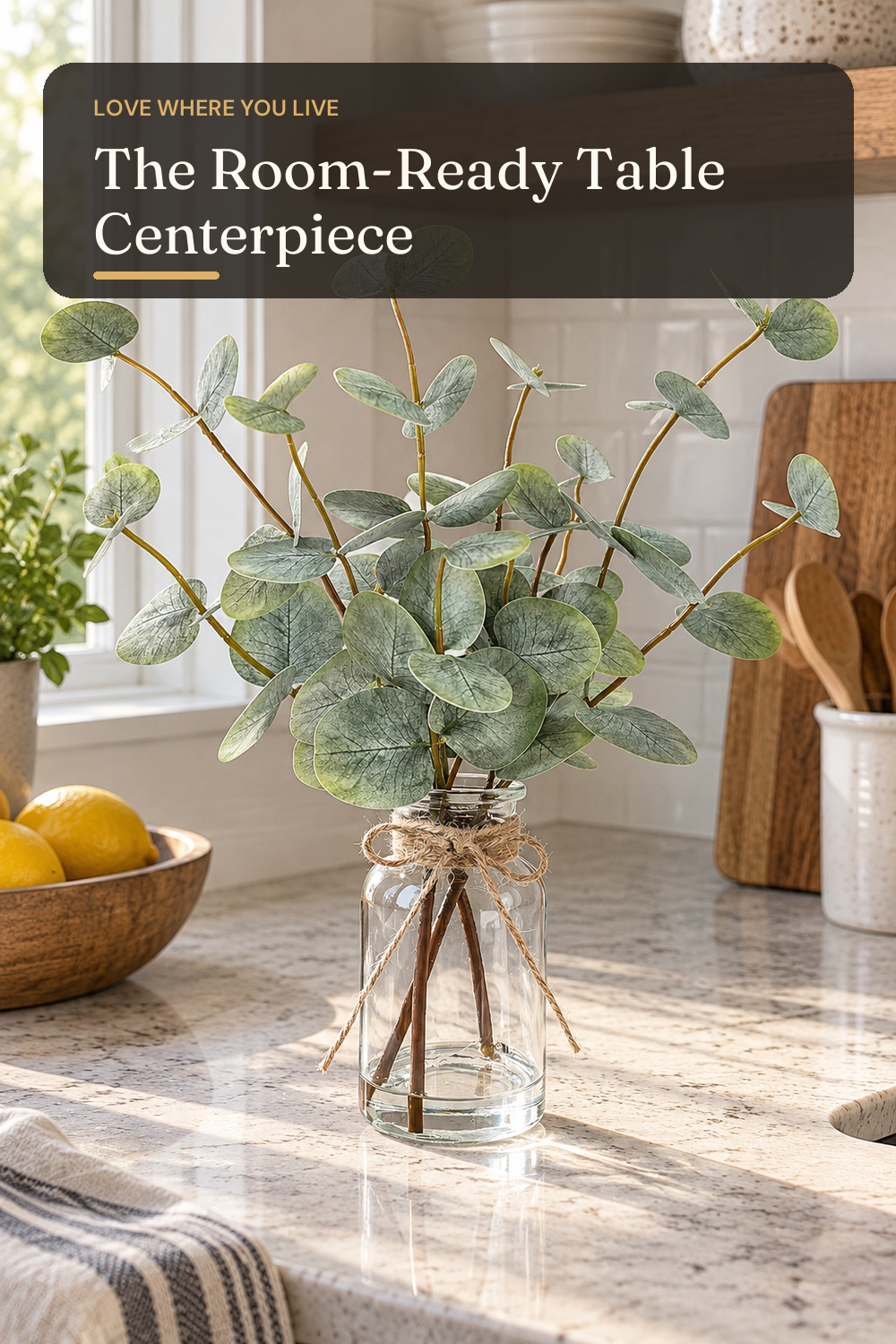 Bessol Artificial Eucalyptus Stems in Glass Vase with Faux Water, 13.5" Fake Plants for Home Decor, Coffee Table Centerpieces, Office, Bathroom & Farmhouse - Green Faux Plants Decorations; AI-generated styling illustration