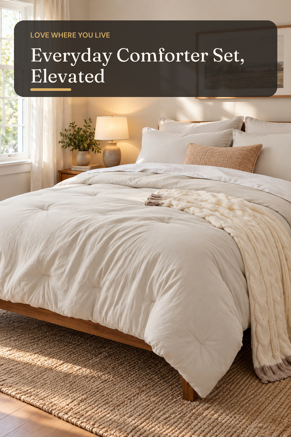 Bedsure Queen Comforter Set Prewashed Soft Bedding Set 3Pcs Beige 90"x90"; AI-generated styling illustration