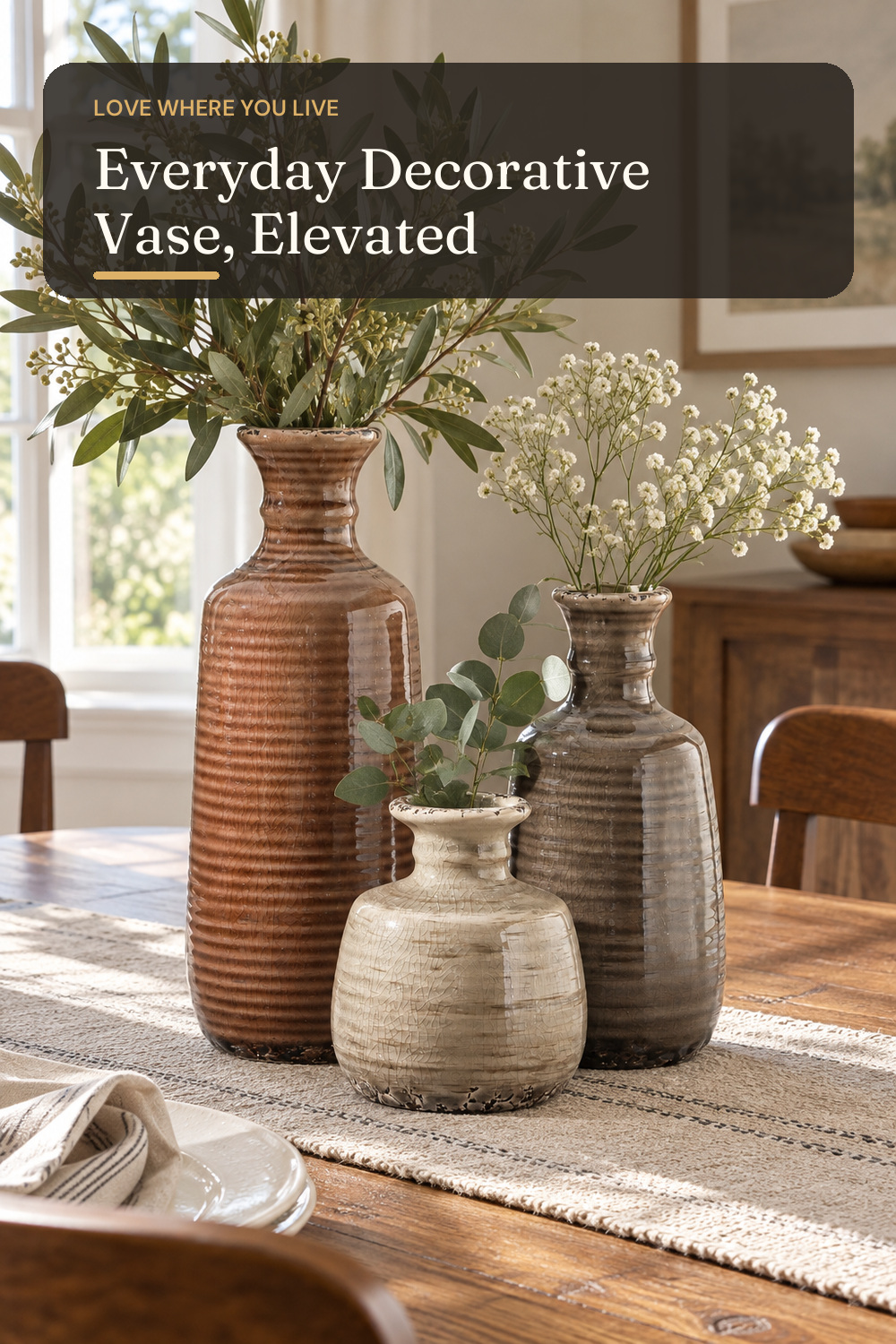 Ceramic Vases Set of 3, Neutral Rustic Farmhouse Vases Home Decor Decorative Flower Vase Modern Boho Pampass Vase for Table Mantel Entryway Shelf Living Room Kitchen Bathroom - Brown; AI-generated styling illustration