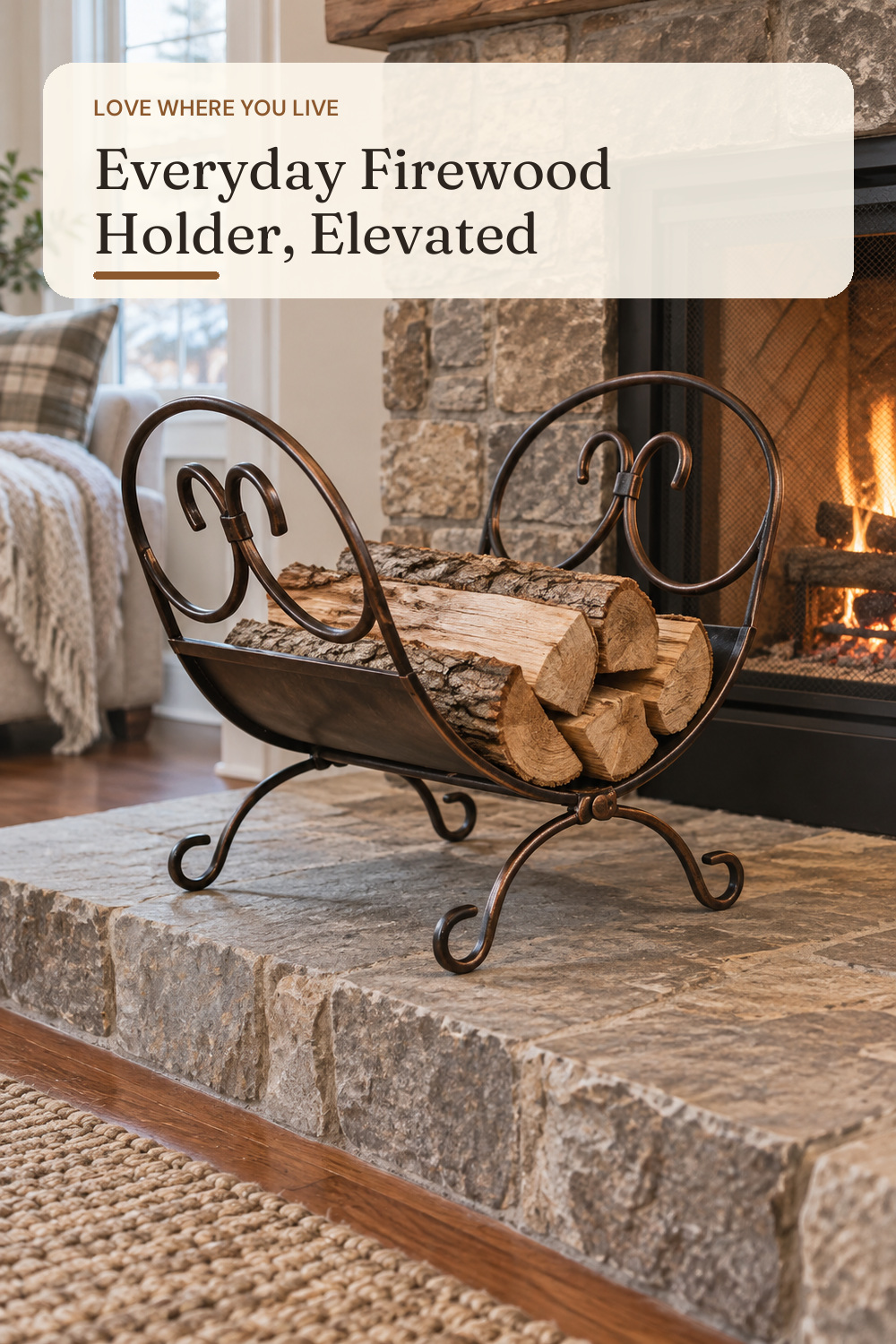 Rocky Mountain Goods Decorative Indoor Log Rack - Heavy duty iron with Antique bronze finish - Perfect size for indoor use - Pre assembled - Decorative log holder design and finish; AI-generated styling illustration