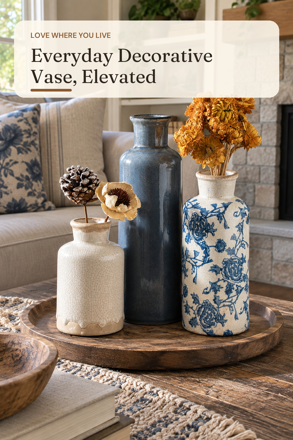 ooit Ceramic Vintage Vases Set of 3, Blue and White Flower Decorative Vase Chinoiserie Decor Rustic Farmhouse Retro Floral Vases for Table Bookshelf Mantel Kitchen Living Room Office; AI-generated styling illustration