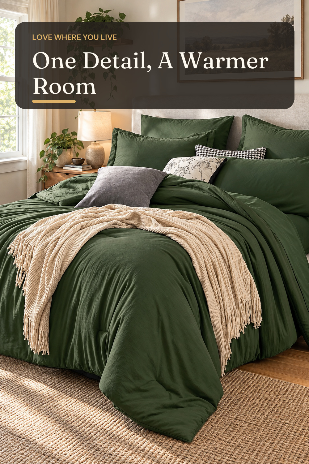 Sasttie Queen Comforter Set 7-Piece Dark Green, Pre-Washed Bed in a Bag; AI-generated styling illustration