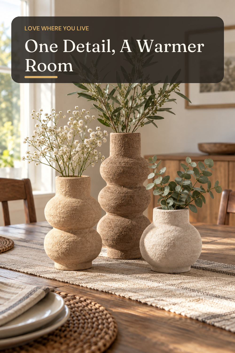 Vanselia Ceramic Vase Set of 3 Home Decor Living Room Table Decorations; AI-generated styling illustration