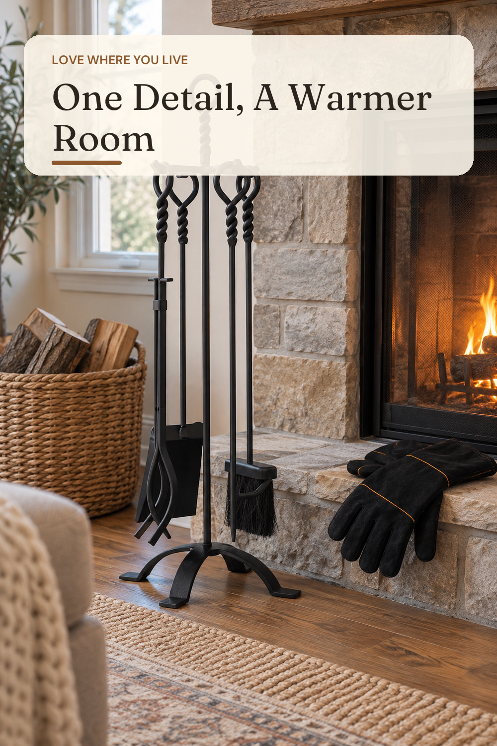 Lichamp Fireplace Tools Set, 5-Pieces Indoor Outdoor Sturdy Fire Place Poker Sets with Retro Handle and Heat Resistant Leather Gloves, FTS55BK; AI-generated styling illustration