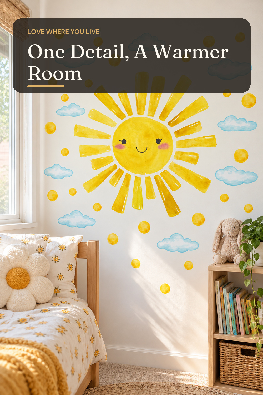 Watercolor Large Sun Wall Decals Cloud Polka Dots Wall Stickers for Kids Room, 12 Sheets Lovely Smile Sun Wall Decor Stickers Peel and Stick Wall Decorations Stickers for Bedroom Nursery; AI-generated styling illustration