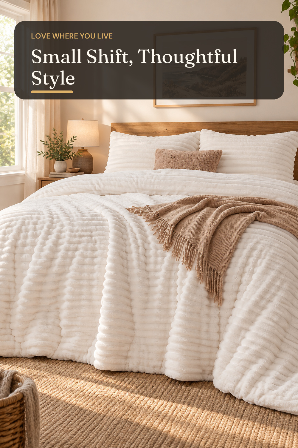 HYLEORY Fluffy Queen Comforter Set 3 Pieces - Fleece Fluffy Soft & Warm Plush Cream White Comforter Sets, Luxury Fuzzy Bedding Sets, All Season Heavy Bed Set Queen Size with 2 Pillowcases; AI-generated styling illustration
