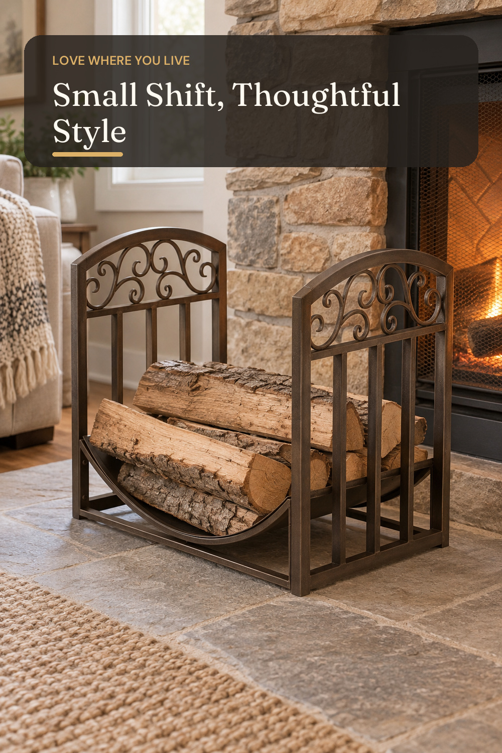 Panacea 15919 Log Bin with Scrolls, Brushed Bronze; AI-generated styling illustration